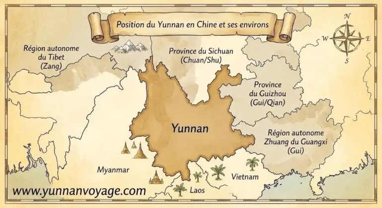 Carte géographique montrant la position stratégique de la province du Yunnan dans le sud-ouest de la Chine, aux portes du Tibet et du Sichuan, et partageant ses frontières avec le Myanmar (Birmanie), le Laos et le Viêt Nam.