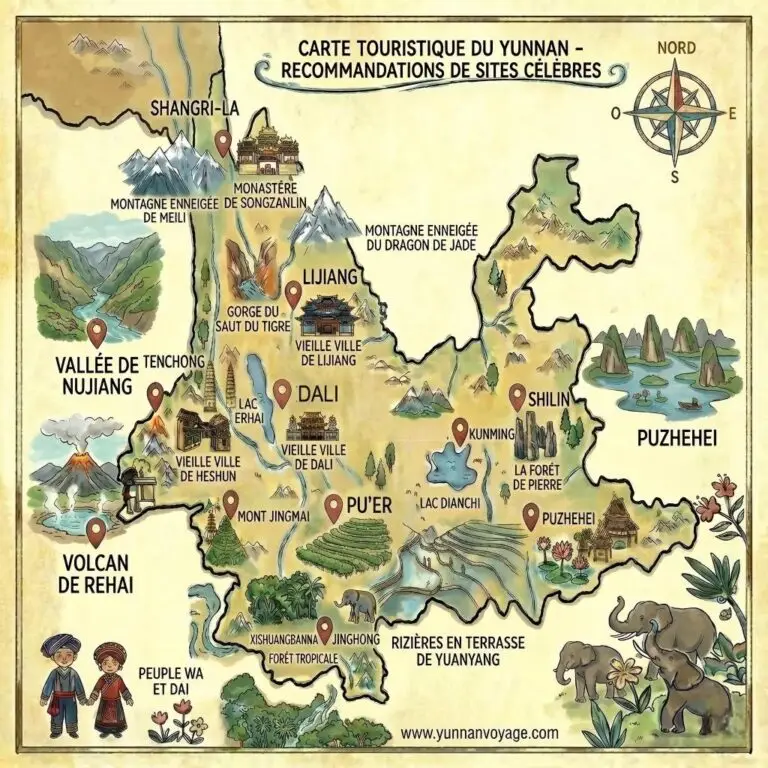 Carte touristique détaillée de la province du Yunnan, illustrant les principales destinations pour un voyage sur mesure : Kunming, Dali, Lijiang, Shangri-La, Yuanyang et Xishuangbanna.