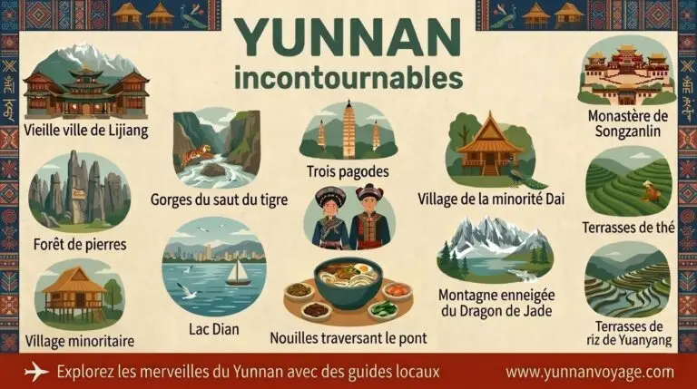 Carte illustrée des sites incontournables et des plus beaux paysages du Yunnan, mettant en valeur les attractions majeures, les villes anciennes et la diversité culturelle pour votre voyage.