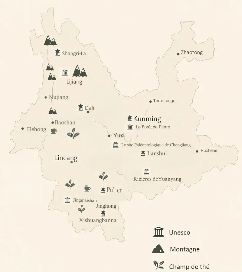 Yunnan carte 03.jpg La carte du Yunnan indiquant les sites emblématiques du Yunnan, Chine